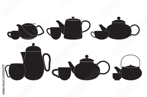Fototapeta Set black couple teapot and cups for tea and hot drinks icons on white background isolate. Vector silhouette for advertising banners, business cards, packaging.