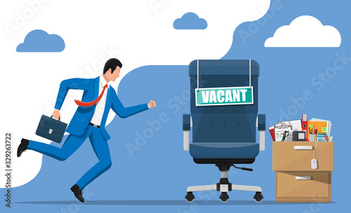 Businessman, office chair with sign vacancy and locker full of office itmes. Hiring and recruiting. Human resources management, searching professional staff, work, hr resume. Flat vector illustration