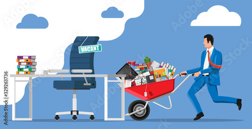 Office desk chair, sign vacancy. Employee with wheelbarrow with office goods. Hiring and recruiting. Human resources management, searching professional staff, work, resume. Flat vector illustration