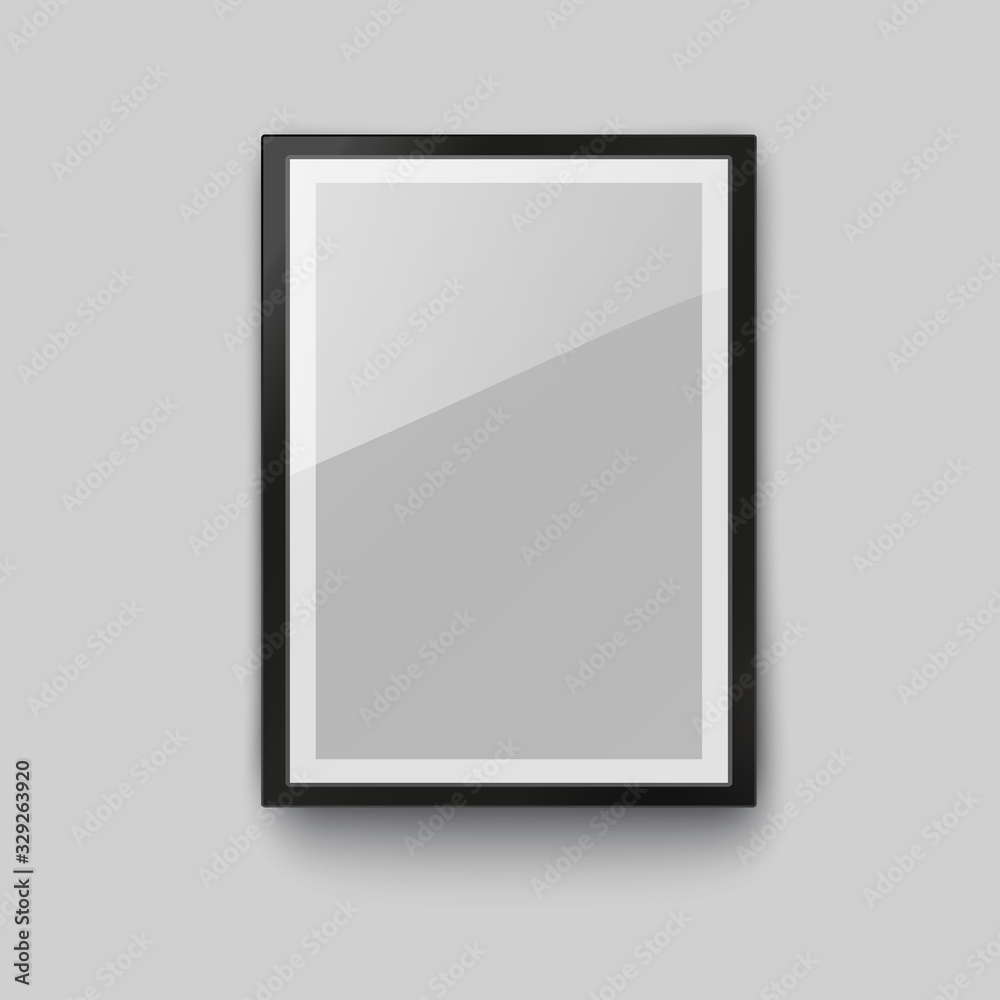 Frame mockup template isolated on gray wall background. Realistic blank vertical picture or photograph border. Vector glass black photoframe for interior artwork design.. Frame mockup template isolated on gray wall background. Realistic blank vertical picture or photograph border. Vector glass black photoframe for interior artwork design..