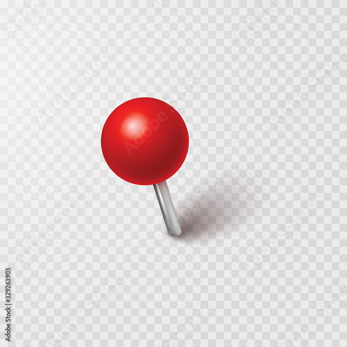 Pin with shadow isolated on transparent background. Vector red plastic pushpin, 3d board tack or sewing needle template.. photo