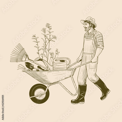 Foto ..Gardener with a wheelbarrow and garden tools. Vintage vector illustration. Ink
