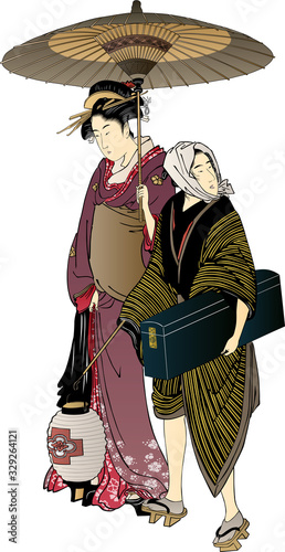 傘をさして歩く芸者と付き人