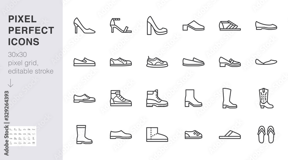 Shoe line icon set. High heels sandal, cowboy boots, hiking footwear, sneakers, slipper minimal vector illustrations. Simple outline signs for fashion application. 30x30 Pixel Perfect Editable Stroke - obrazy, fototapety, plakaty 