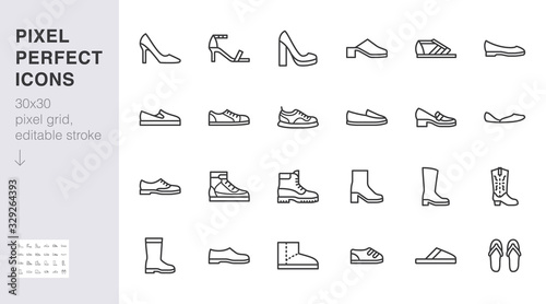 Shoe line icon set. High heels sandal, cowboy boots, hiking footwear, sneakers, slipper minimal vector illustrations. Simple outline signs for fashion application. 30x30 Pixel Perfect Editable Stroke photo