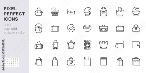 Bags line icon set. Purse types - tote, briefcase, fanny pack, shopper, luggage, plastic bag minimal vector illustrations. Simple outline signs for fashion app. 30x30 Pixel Perfect. Editable Stroke photo