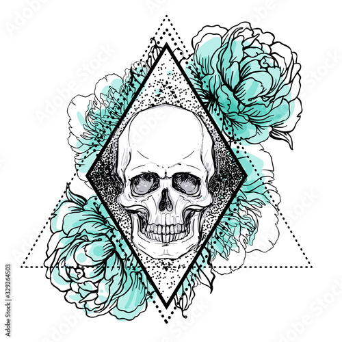 Human skull with peony, rose and poppy flowers over sacred geometry background.Tattoo design element. Vector illustration.