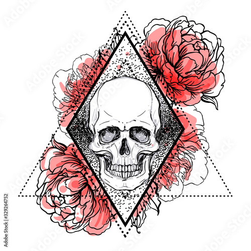 Human skull with peony, rose and poppy flowers over sacred geometry background.Tattoo design element. Vector illustration.