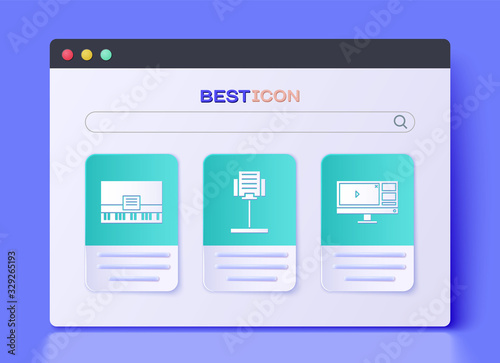 Set Music stand, Piano and Video recorder or editor software on monitor icon. Vector
