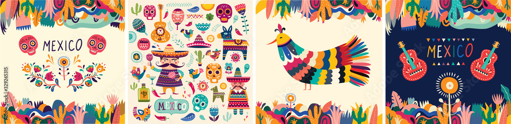 Fototapeta premium Beautiful vector illustrations with design for Mexican holiday 5 may Cinco De Mayo. Vector template with traditional Mexican symbols skull, Mexican guitar, flowers, red pepper. Mexico illustrations