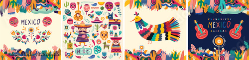 Beautiful vector illustrations with design for Mexican holiday 5 may Cinco De Mayo. Vector template with traditional Mexican symbols skull, Mexican guitar, flowers, red pepper. Mexico illustrations