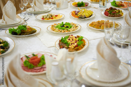 a table set in the restaurant, food and drink