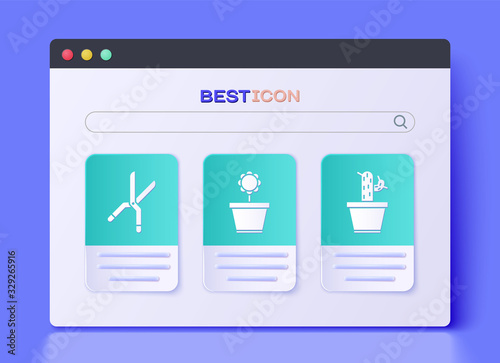 Set Flower in pot, Gardening handmade scissors and Cactus and succulent in pot icon. Vector