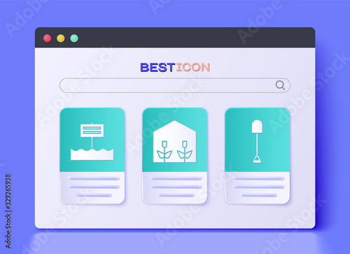 Set Home greenhouse and plants, Blank wooden sign board and Shovel icon. Vector