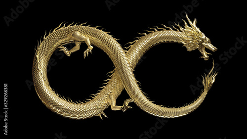 Full body gold dragon in infinity shape pose with 3d rendering include alpha path.