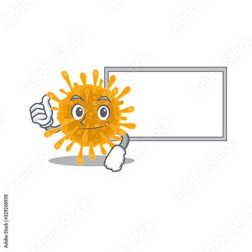cute coronaviruses cartoon character Thumbs up bring a white board
