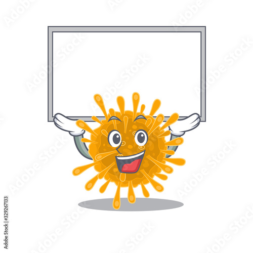 Happy cartoon character of coronaviruses raised up board