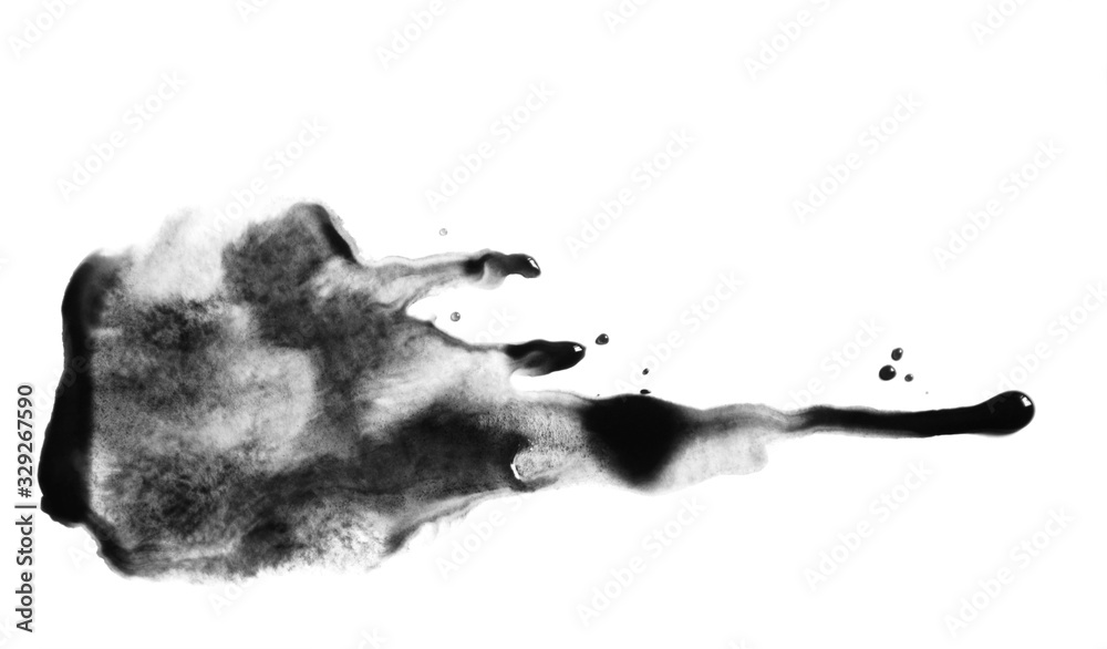 Watercolor or ink black color blot or spot texture. Wet stains fluid with dripping drops. Abstract hand painting fluidity smudge background isolated on white.