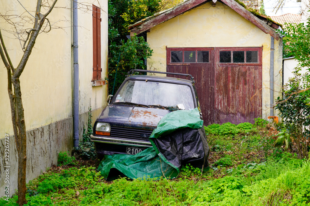 old vehicle abandoned car and wreck mess on the garden old house old vehicle abandoned car and wreck mess on the garden old house