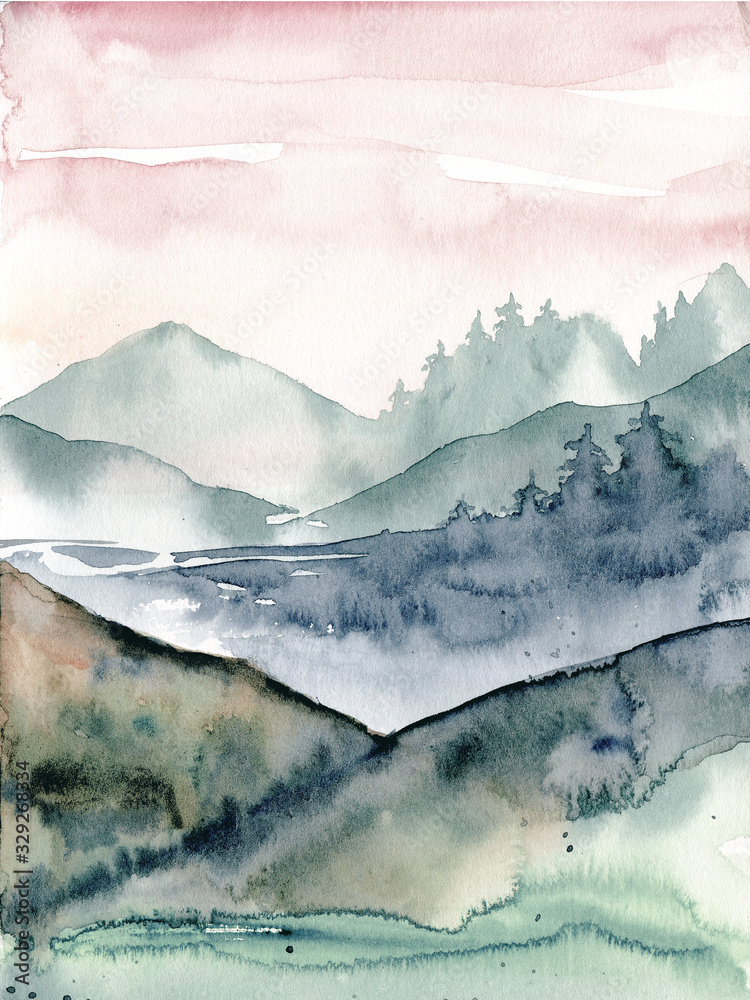 Obraz Landscape, watercolor mountain, hand painting. Perfectly for poster, card.
