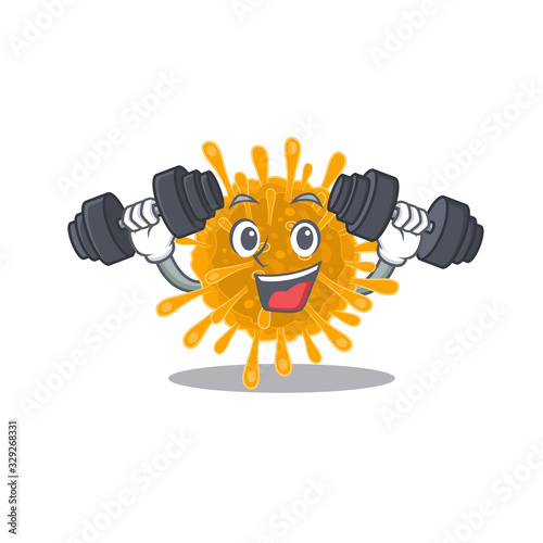 Smiley Fitness exercise coronaviruses cartoon character raising barbells