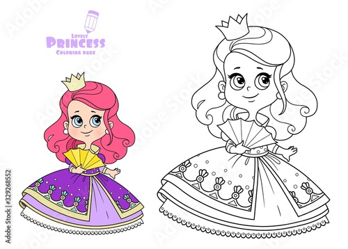 Cute red haired princess in purple dress with fan outlined and color for coloring book