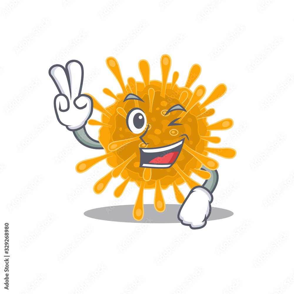 Cheerful coronaviruses mascot design with two fingers