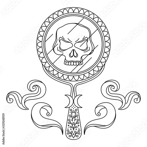 Providence by mirror. Skull in reflection - outline picture for adult coloring book. Isolated symbol of bad luck, evil rock, misfortune. Prediction of future, vision of spiritual, extrasensory concept