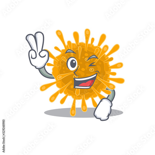 Cheerful coronaviruses mascot design with two fingers