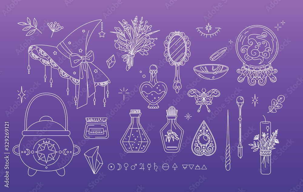 Witchcraft collection in line style. Isolated set of sorcery and wizard elements. Kit for good witch - hat, small cauldron, magic wands, crystal ball. Idea for fairy badges, stickers, print