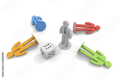 Businessman pieces and dice. 3D rendering