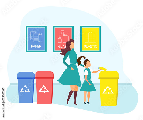Mother and Daughter Throw Garbage into Containers with Recycle Sign. Paper, Plastic, Organic Bins for Collecting Trash. Recycling, Environmental Pollution Problem Cartoon Flat Vector Illustration