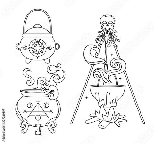 Set of witch cauldrons in modern hand drawing style. Collection of vintage steaming pentagram caldrons with cover and legs. Hag s old tripod pot, smoke above. Brew potion, isolated vector illustration