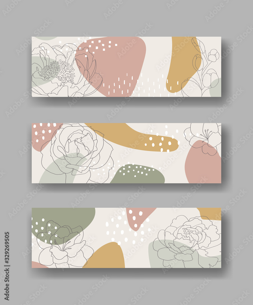 Set of vector banners with abstract forms, dots and flowers	