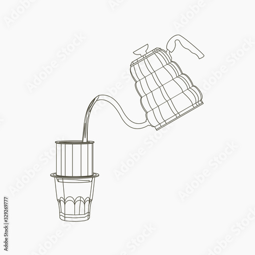 Editable Outline Style Vector Illustration of Pouring Hot Water from Gooseneck Kettle into Vietnamese Coffee Brewing for Artwork Element of Cafe With Vietnamese Culture and Tradition Related Design