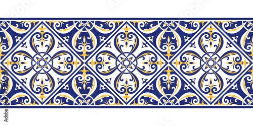 Tile border pattern vector seamless. Ceramic portuguese ornament texture. Lisbon azulejos, spanish mosaic, mexican talavera, sicily italian majolica, moroccan, arabesque motifs.