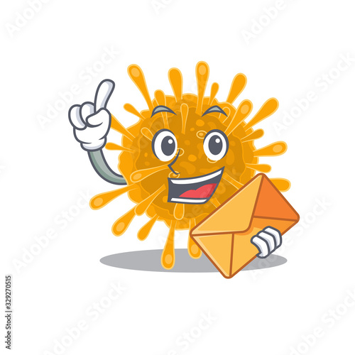 Cute face coronaviruses mascot design with envelope