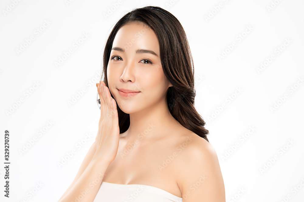 Portrait beautiful young asian woman clean fresh bare skin concept. Asian girl beauty face skincare and health wellness, Facial treatment, Perfect skin, Natural makeup, on white background,