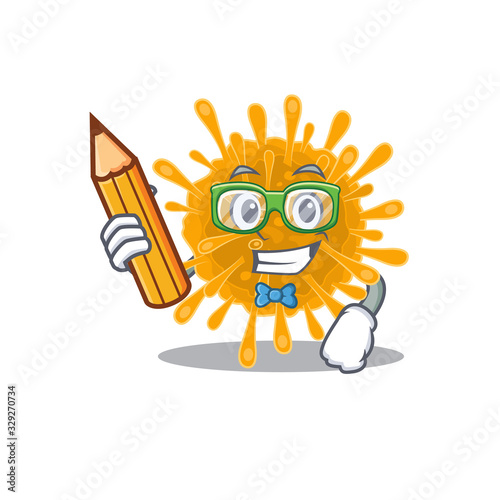 A smart student coronaviruses character with a pencil and glasses