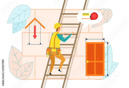 Builder Engineer at Work. Carpenter or Carpenter Wearing Safety Helmet and Uniform with Instruments Belt Work on Location Construction Site Climbing on House Roof. Cartoon Flat Vector Illustration