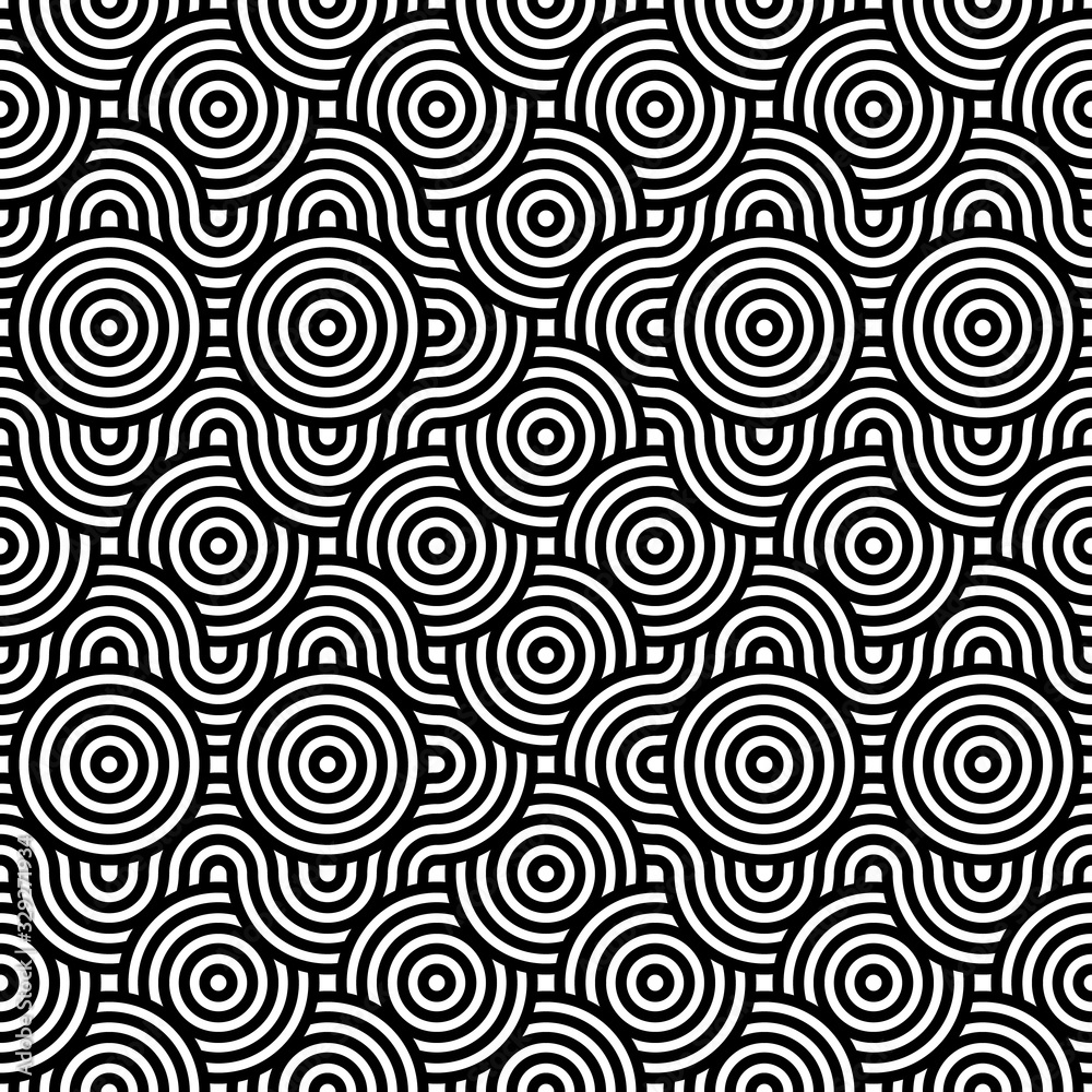 Black and white geometric circle impossible background seamless pattern. Round vector illustration for greeting cards, cover, flyer, wallpaper. Abstract texture ornament design, repeating tiles Black and white geometric circle impossible background seamless pattern. Round vector illustration for greeting cards, cover, flyer, wallpaper. Abstract texture ornament design, repeating tiles