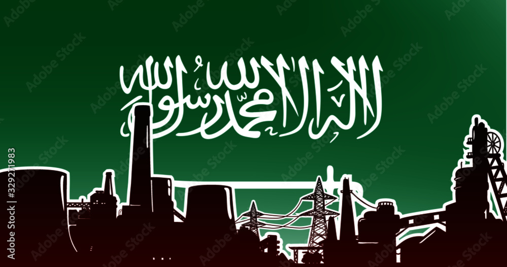 Industrial illustration for Saudi Arabia vector illustration, manufacturing concept colored red with nuclear power plant, factory and mine on flag background in colors green, white Industrial illustration for Saudi Arabia vector illustration, manufacturing concept colored red with nuclear power plant, factory and mine on flag background in colors green, white