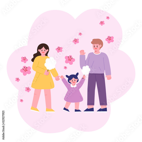 Hello spring. Family, mom, dad, child holding cotton candy watching cherry blossoms. People vector illustration