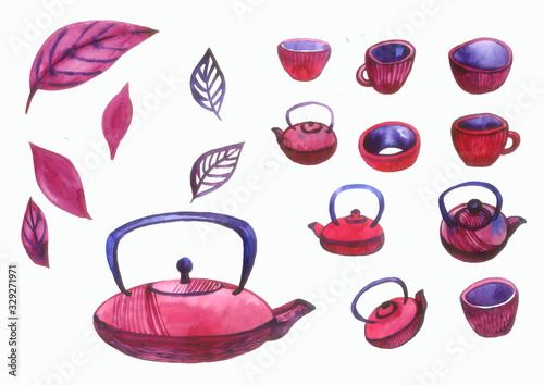 Watercolor set of isolated elements with purple teapots, cups and leaves