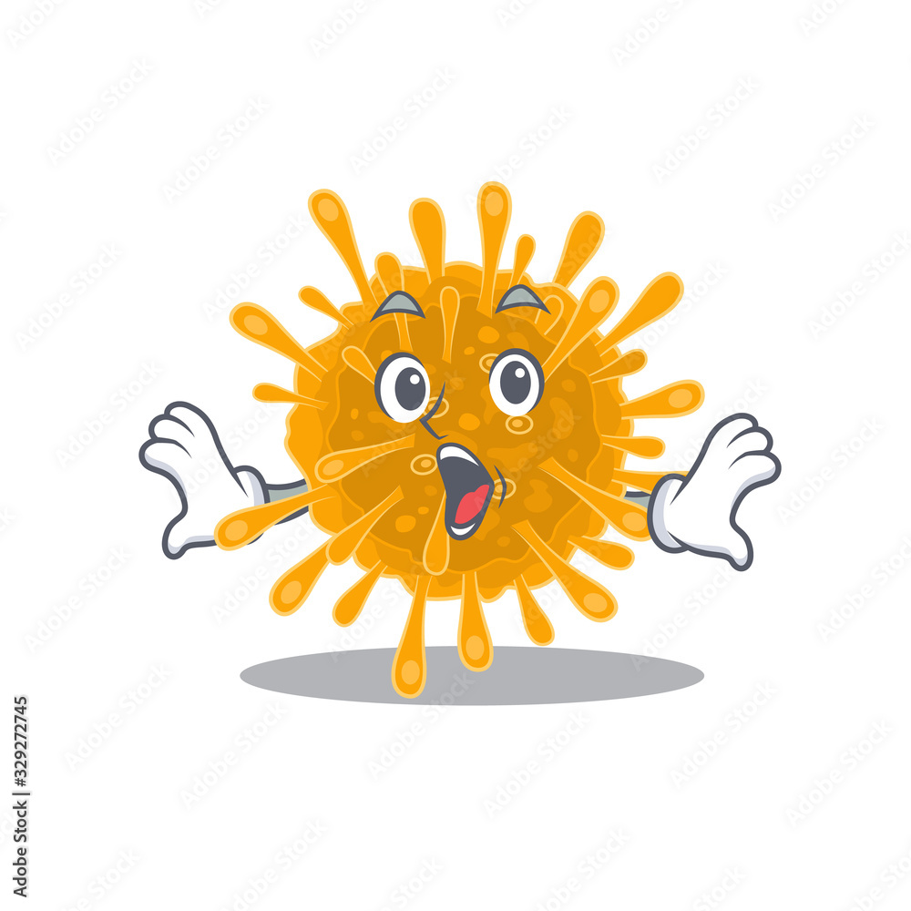 A cartoon character of coronaviruses making a surprised gesture
