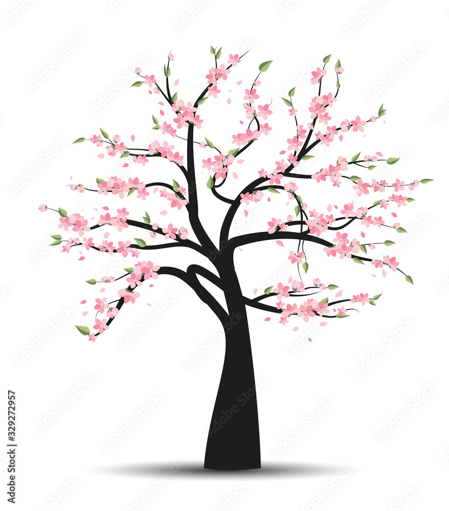 Vector illustration of a natural background with tree and leaves, flowers. Floral background