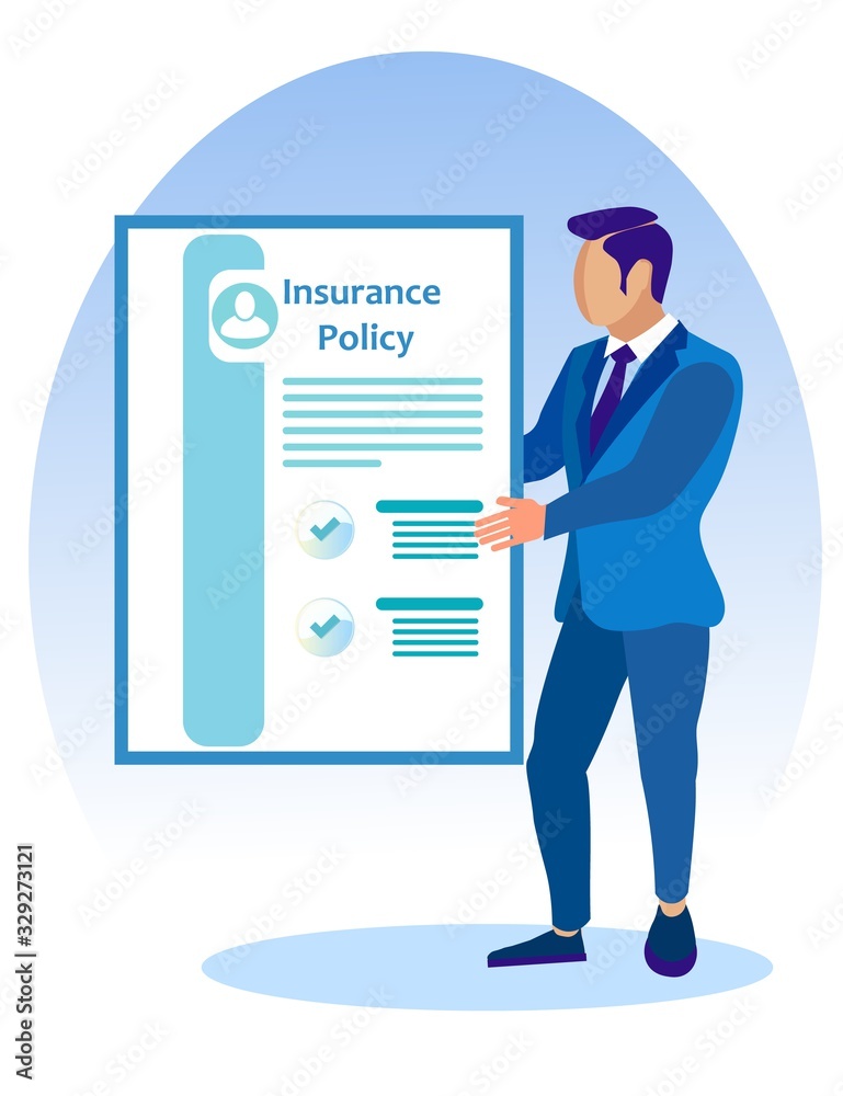 Man in Blue Business Suit with Insurance Policy in Hands. Vector Illustration. Reliable Protection. Insurance for Family. Insurance Case. Employee Company. Insurance Agent Present Insurance Policy. Man in Blue Business Suit with Insurance Policy in Hands. Vector Illustration. Reliable Protection. Insurance for Family. Insurance Case. Employee Company. Insurance Agent Present Insurance Policy.