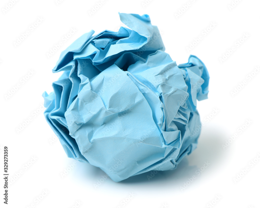 blue ball crumpled paper on a white background blue ball crumpled paper on a white background