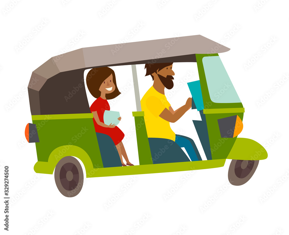 Asian taxi tuktuk vector illustration. Asian local man drive tuk-tuk. Sri Lanka, Thailand, Indian transport cartoon flat card, isolated on white background Asian taxi tuktuk vector illustration. Asian local man drive tuk-tuk. Sri Lanka, Thailand, Indian transport cartoon flat card, isolated on white background