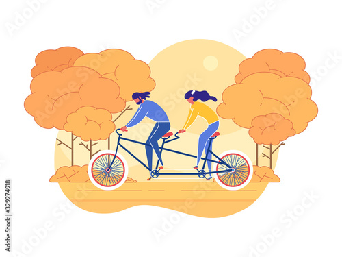 Cartoon Couple Ride Tandem Bike in Autumn Park Vector Illustration. Fall Season Trees Background. Man and Woman on Double Twin Bicycle. Sport Training, Outdoor Activity, Romantic Travel Trip